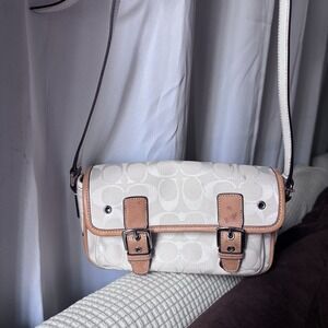 vtg Coach Signature Monogram Canvas Leather Trim Shoulder Bag White Creme